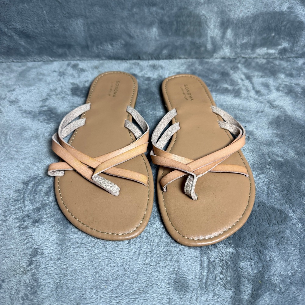 Sonoma Womens  Size M 7-8 Strappy Boho Thong Sandals Cognac Tan Nude
